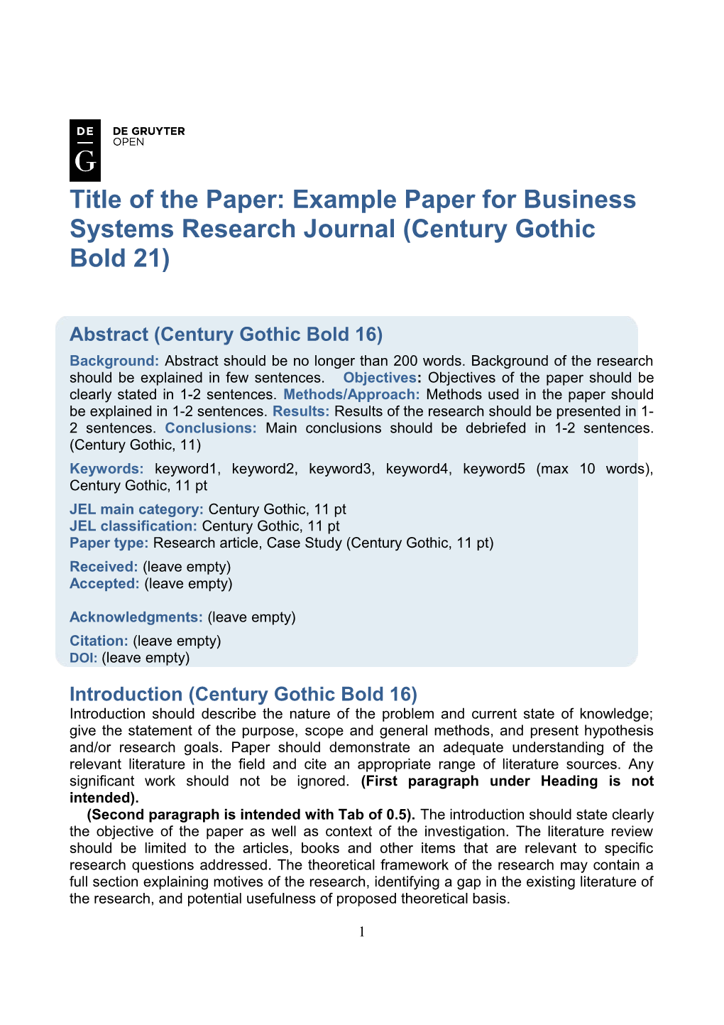 Title of the Paper: Example Paper for Business Systems Research Journal