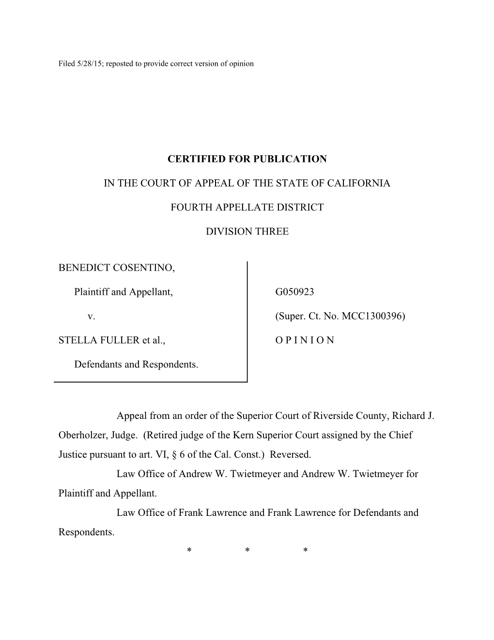 Filed 5/28/15; Reposted to Provide Correct Version of Opinion