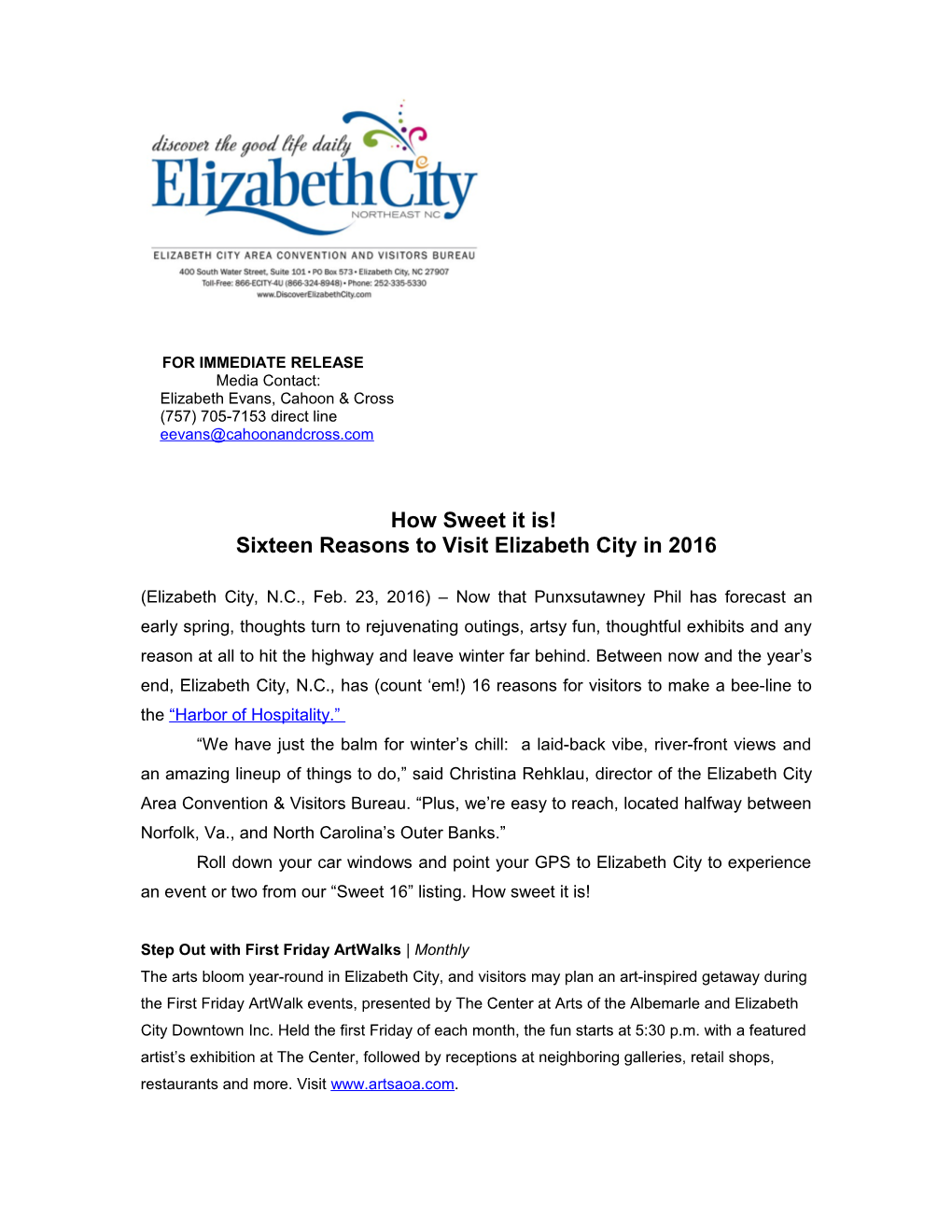 Sixteen Reasons to Visit Elizabeth City in 2016