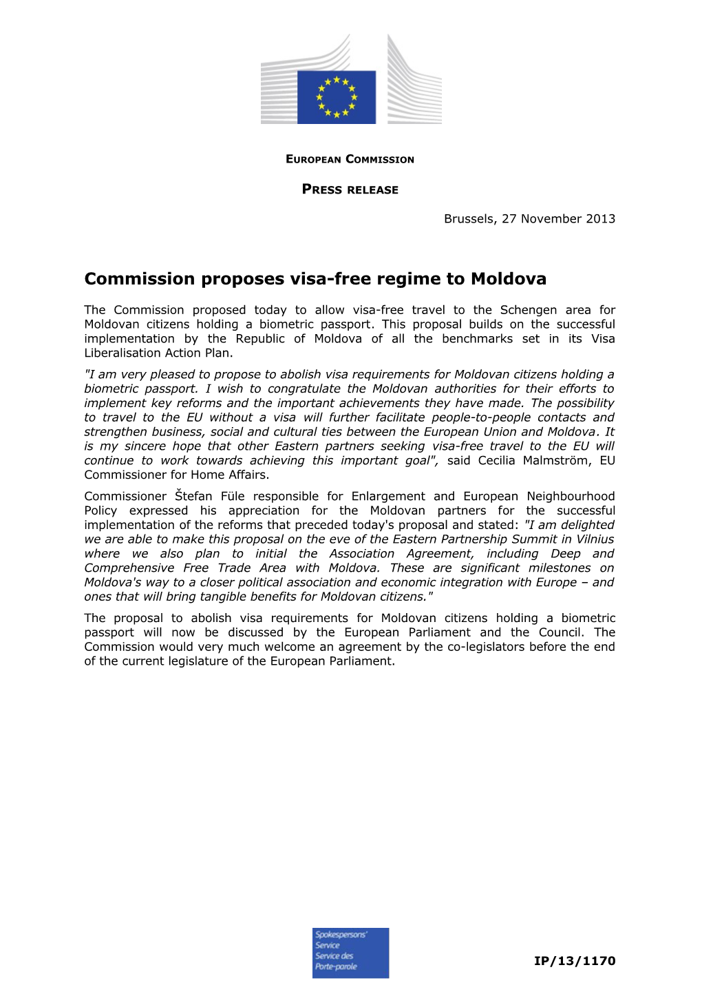 Commission Proposes Visa-Free Regime to Moldova
