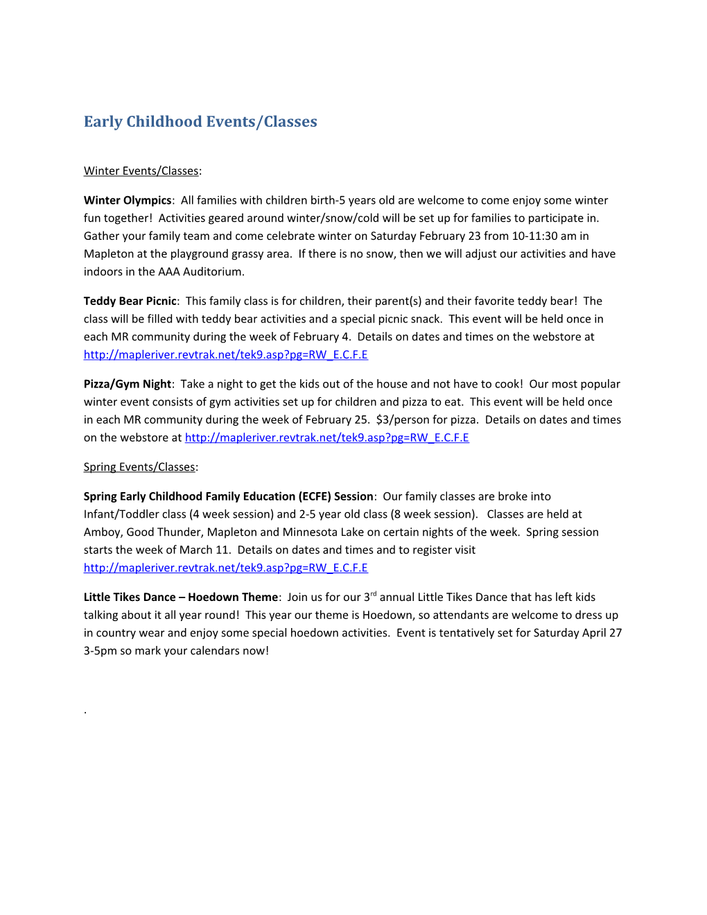 Early Childhood Events/Classes