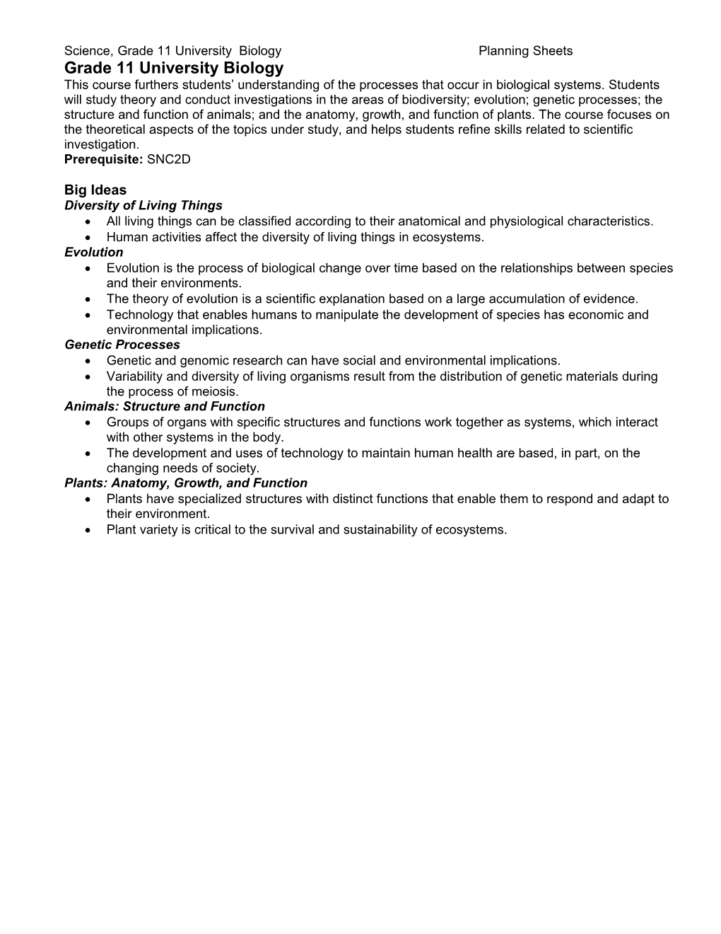 Grade 10 Academic, Biology: the Sustainability of Ecosystems