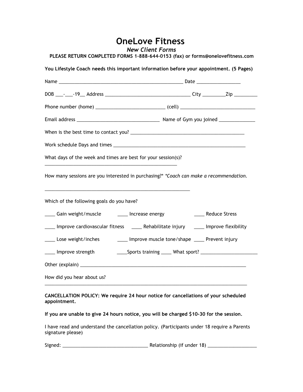 Exercise and Wellness Request Form