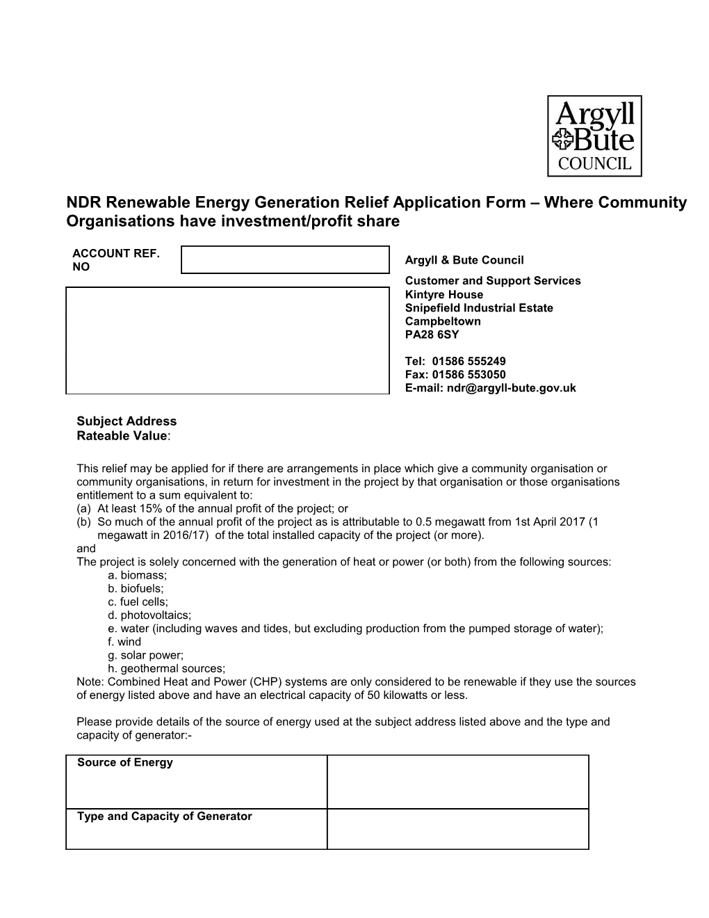 NDR Renewable Energy Generation Relief Application Form Where Community Organisations