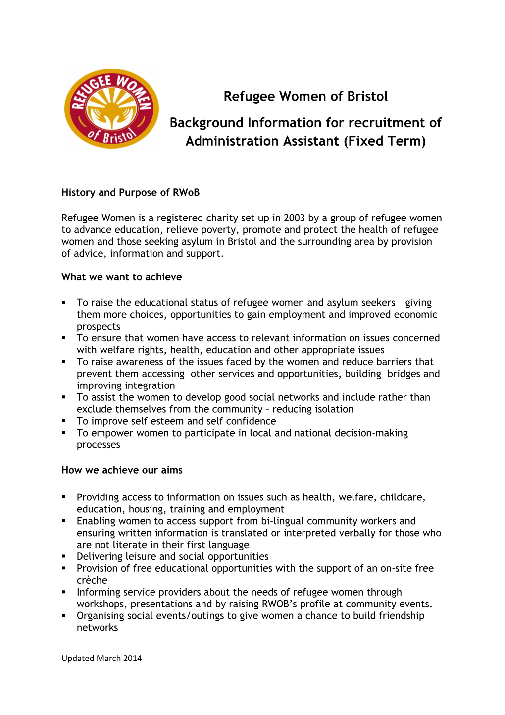 Background Information for Recruitment of Administration Assistant (Fixed Term)