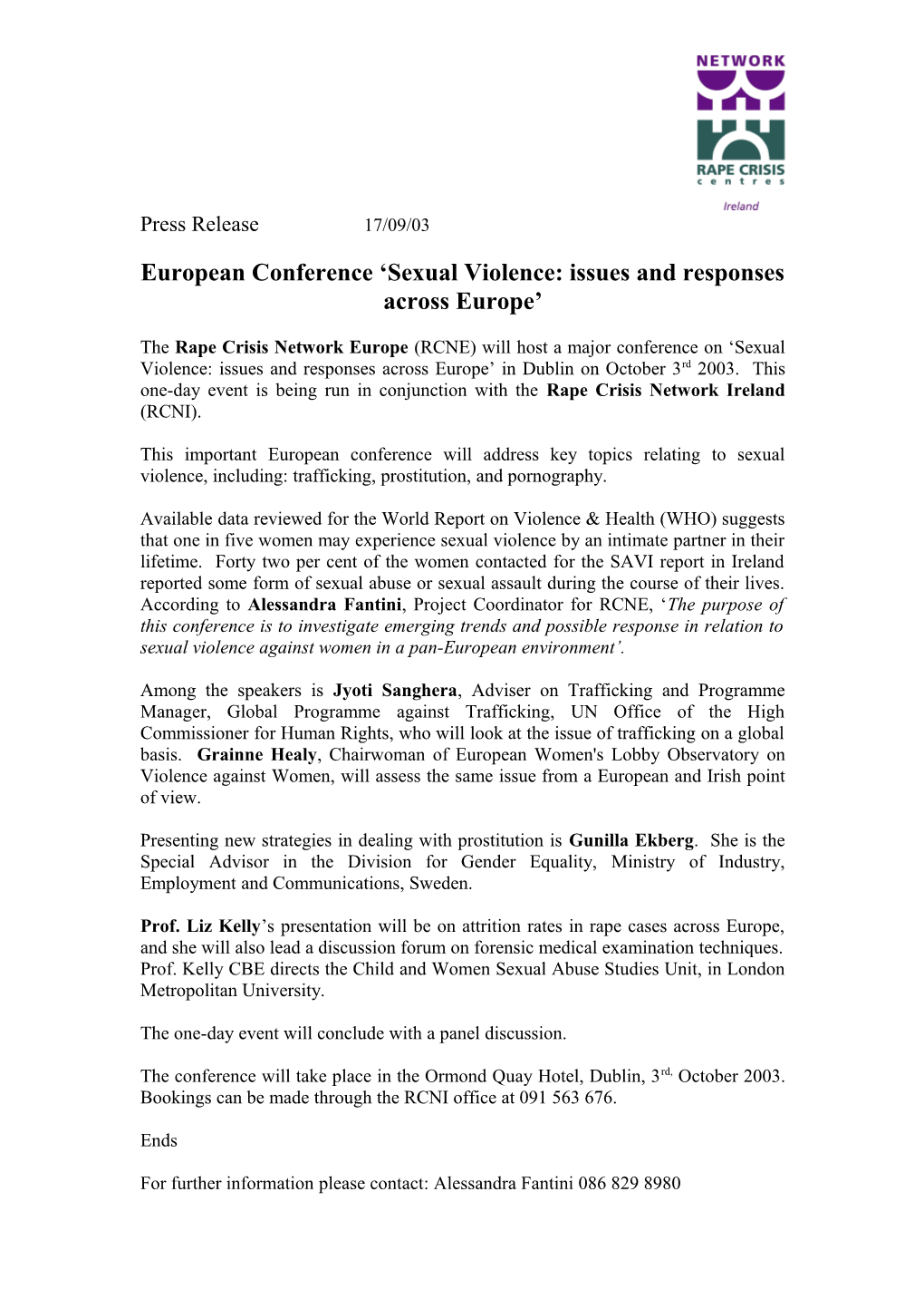 European Conference Sexual Violence: Issues and Responses Across Europe