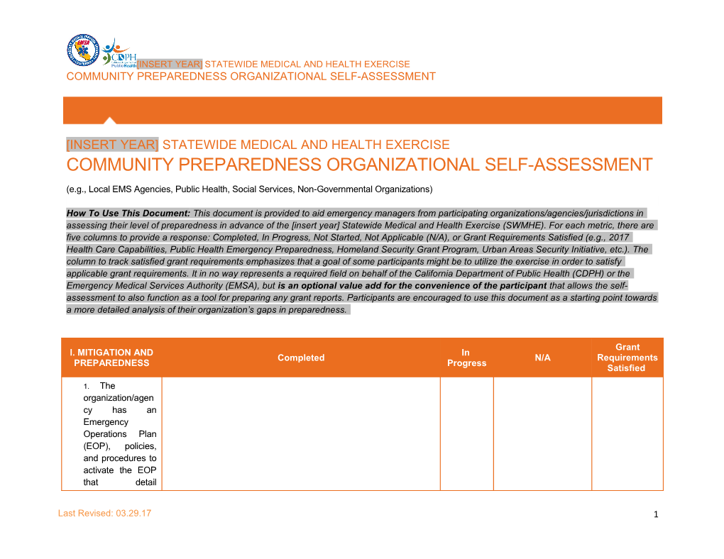 Statewide Medical and Health Exercise Community Preparedness Organizational Self-Assessment