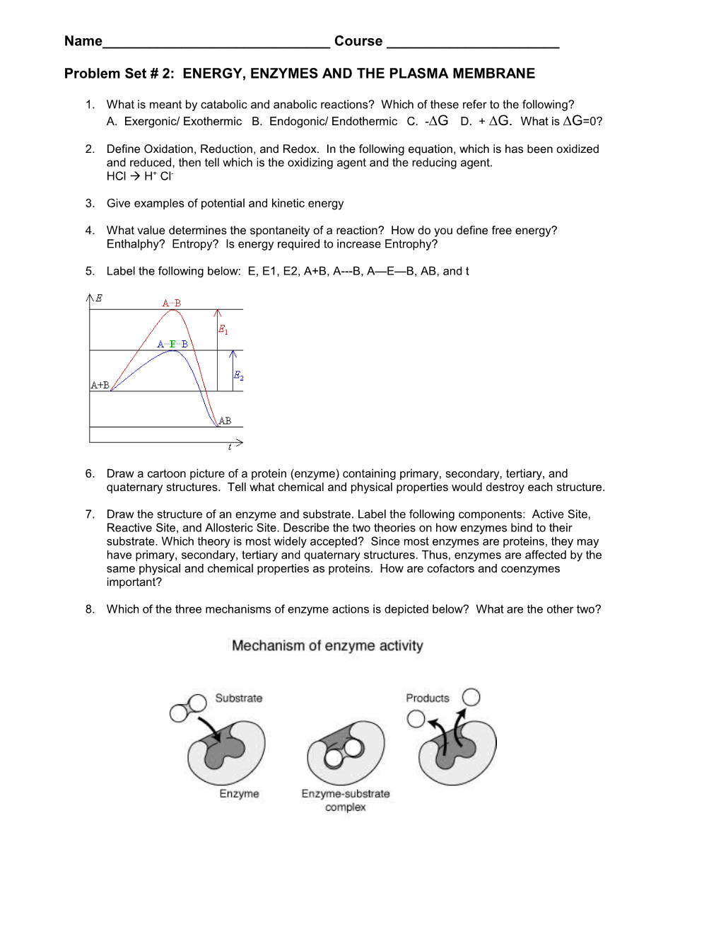 Problem Set # 2: ENERGY, ENZYMES and the PLASMA MEMBRANE