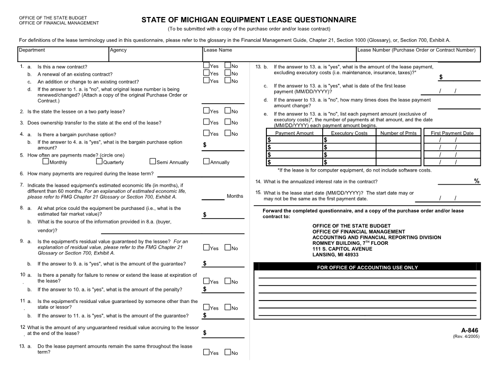 State of Michigan Equipment Lease Questionnaire