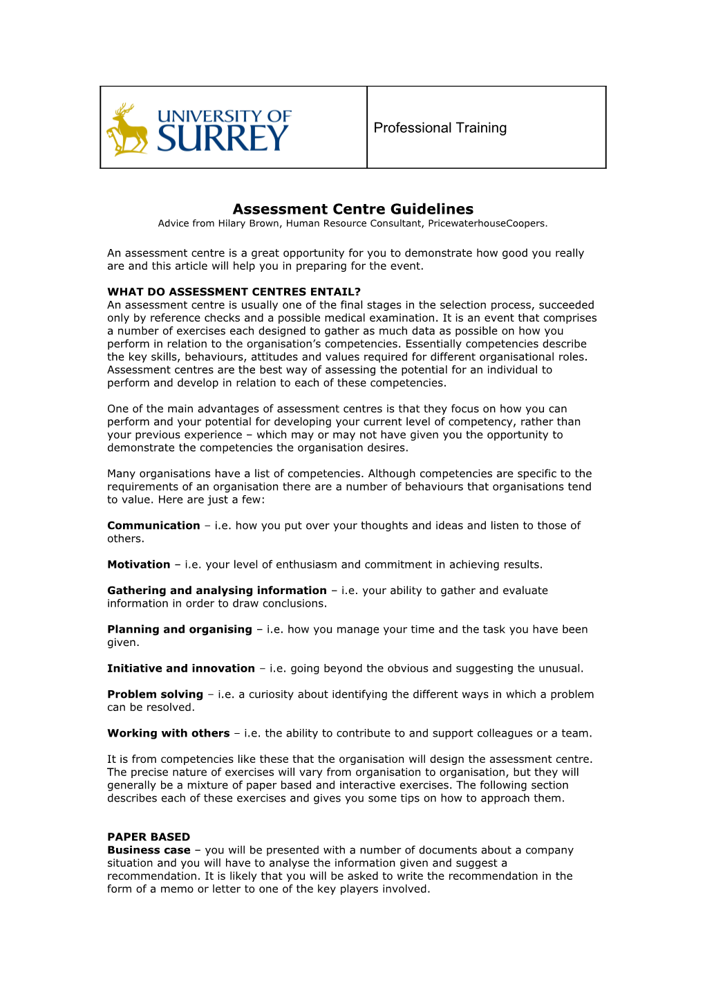 Assessment Centre Guidelines
