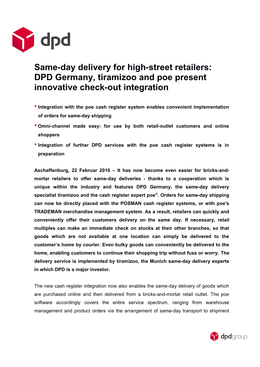 Same-Day Delivery for High-Street Retailers: DPD Germany, Tiramizoo and Poe Present Innovative