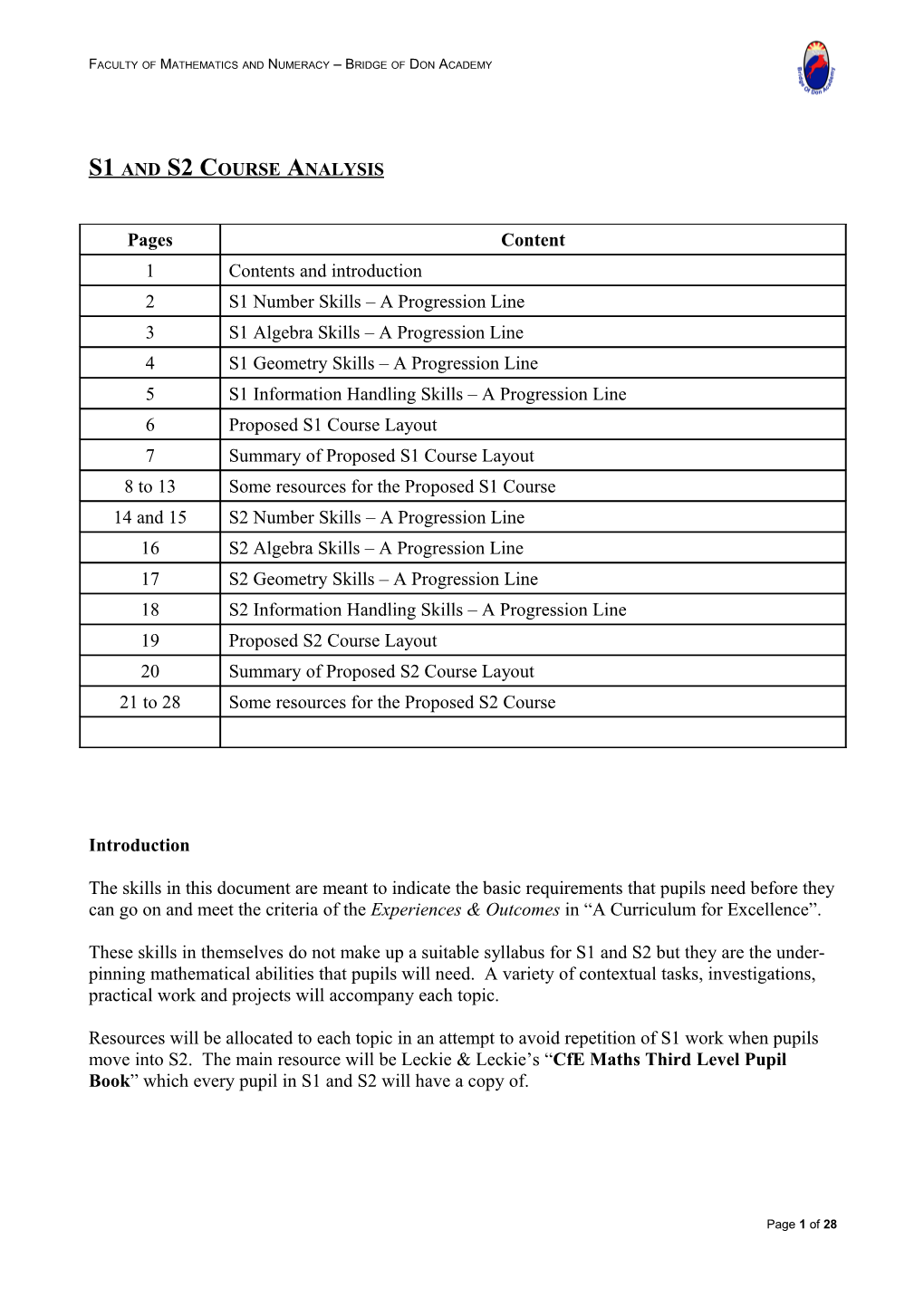 S1 and S2 Course Analysis