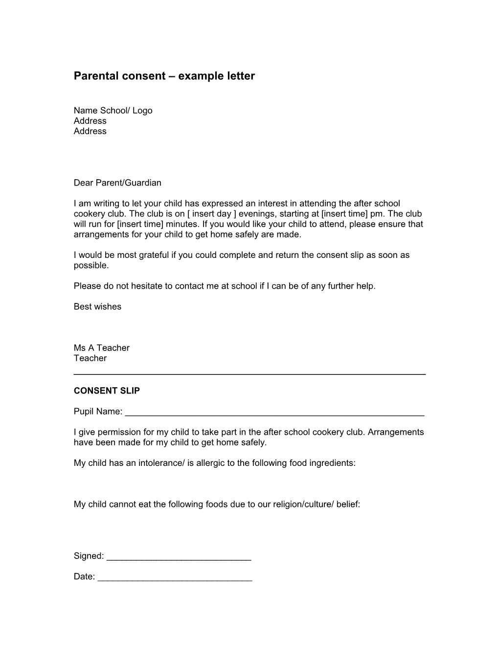 Sample Permission Letter for Parents