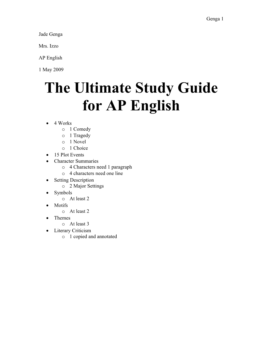 Rubric for English Study Guide