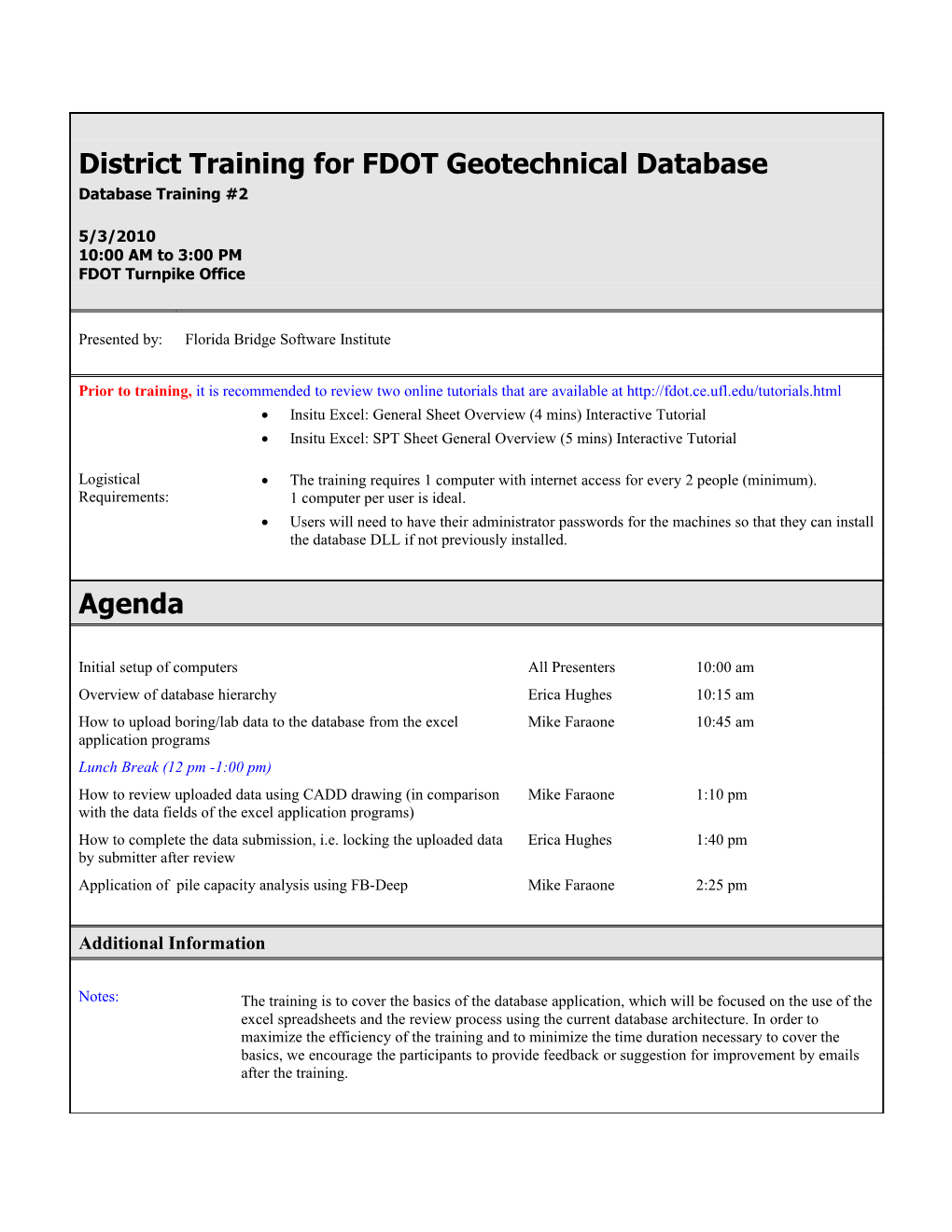 District Training for FDOT Geotechnical Database