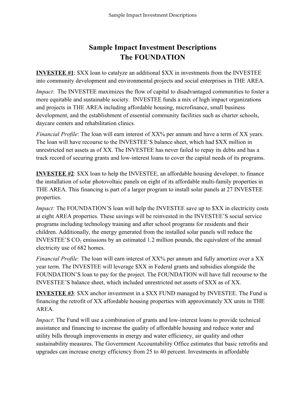 Sample Impact Investment Descriptions