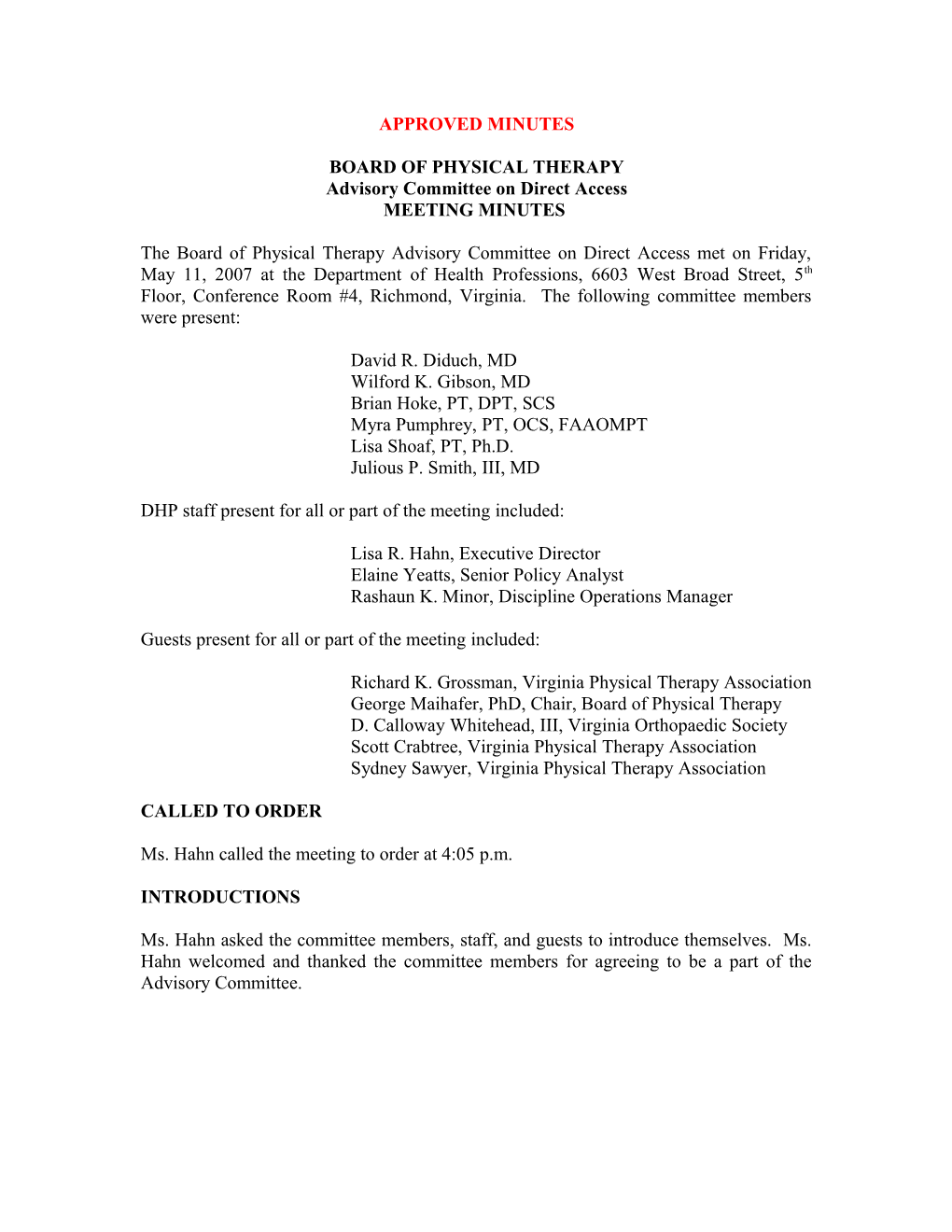 Physical Therapy-Advisory Committee on Direct Access Meeting Minutes-May 11, 2007