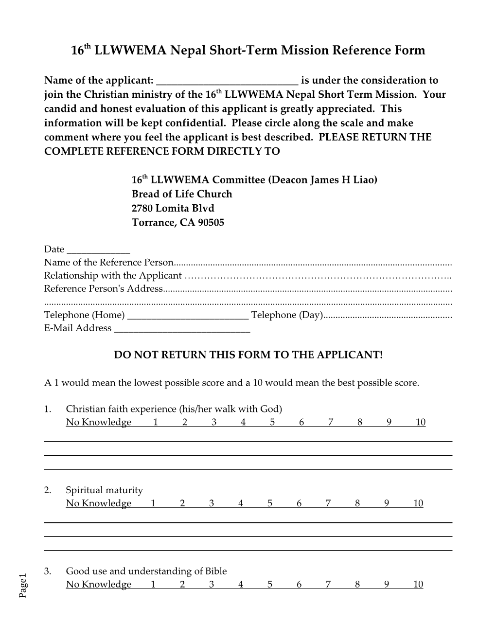 Bread of Life Church Short-Term Mission Reference Form
