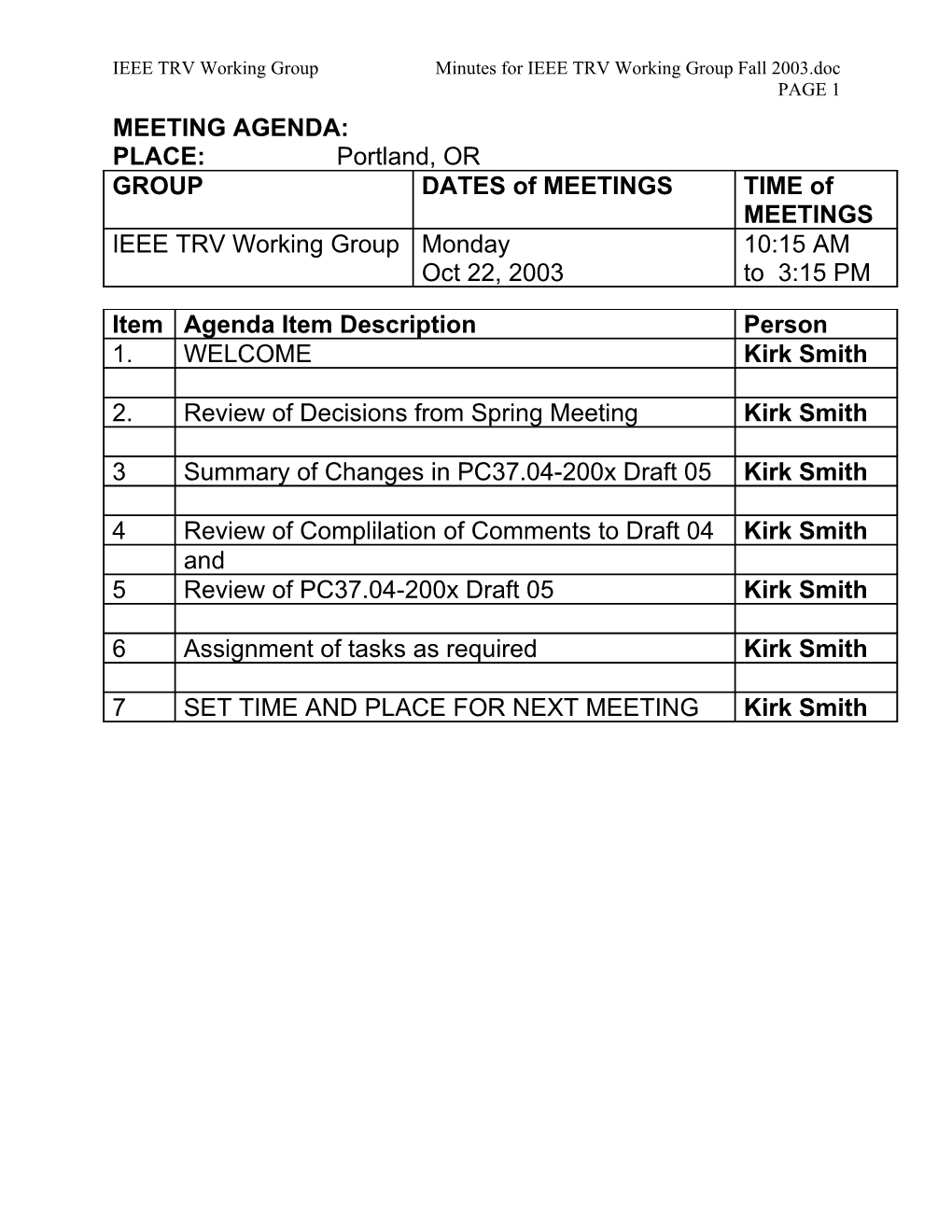 IEEE TRV Working Group Minutes for IEEE TRV Working Group Fall 2003