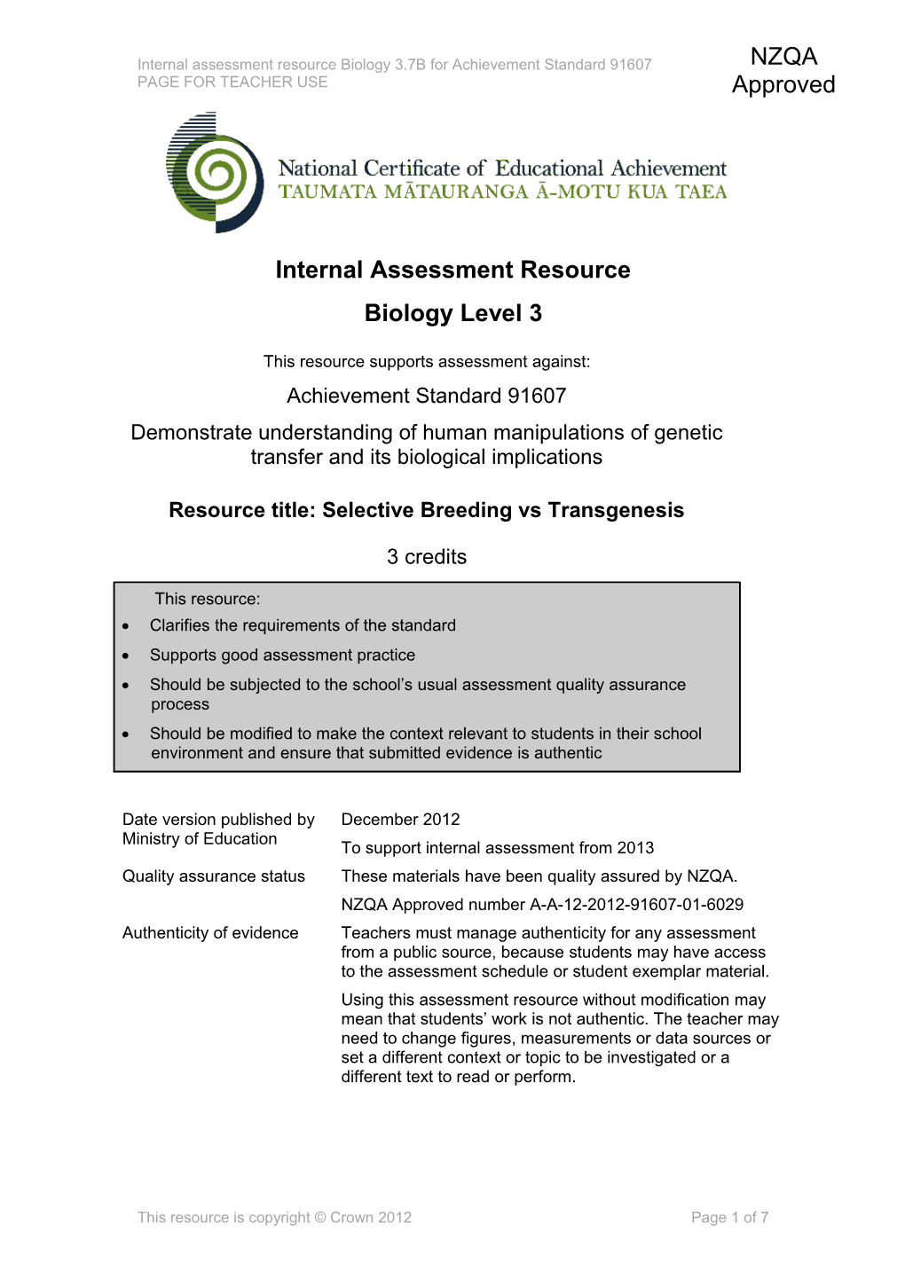 Level 3 Biology Internal Assessment Resource