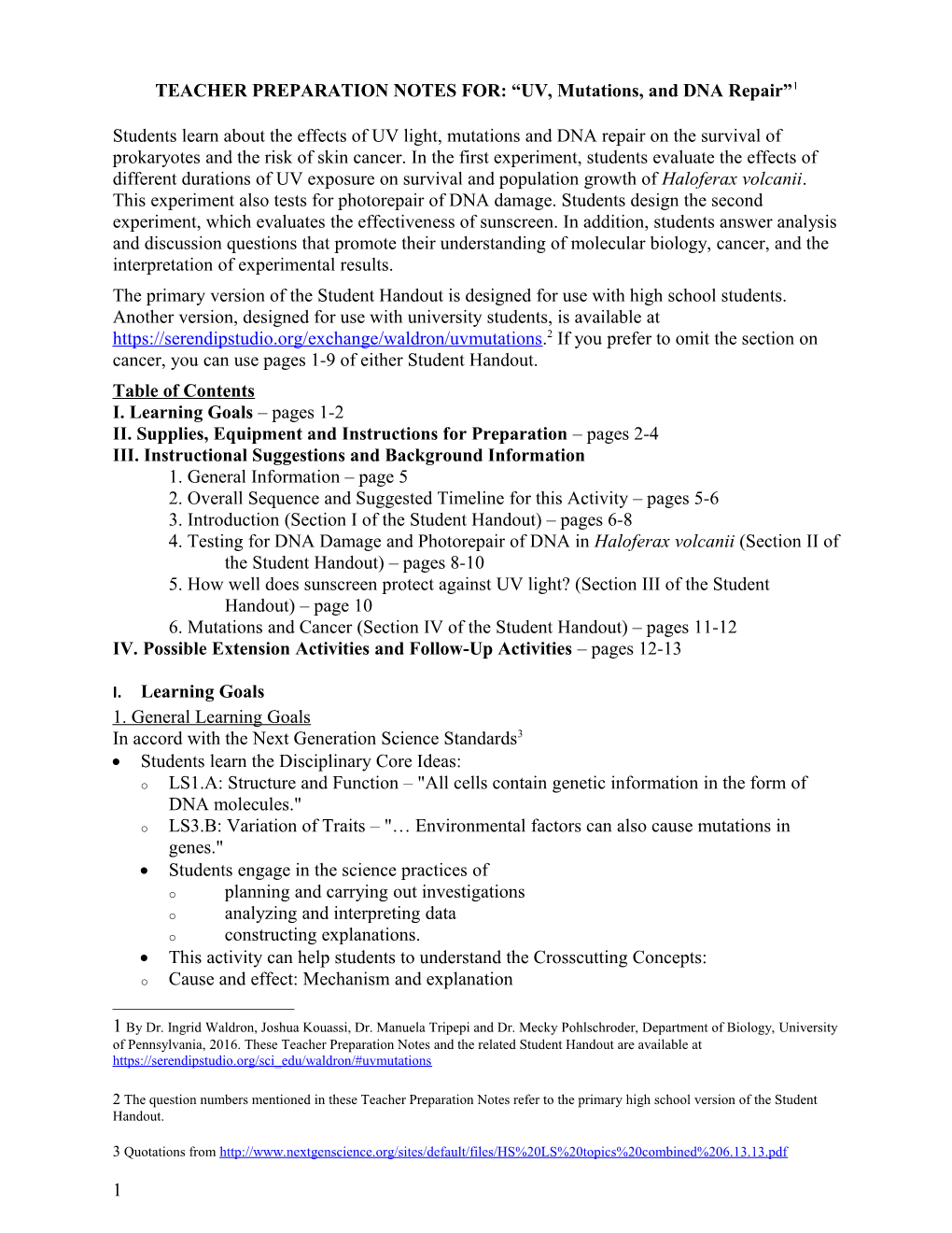 TEACHER PREPARATION NOTES FOR: UV, Mutations, and DNA Repair 1