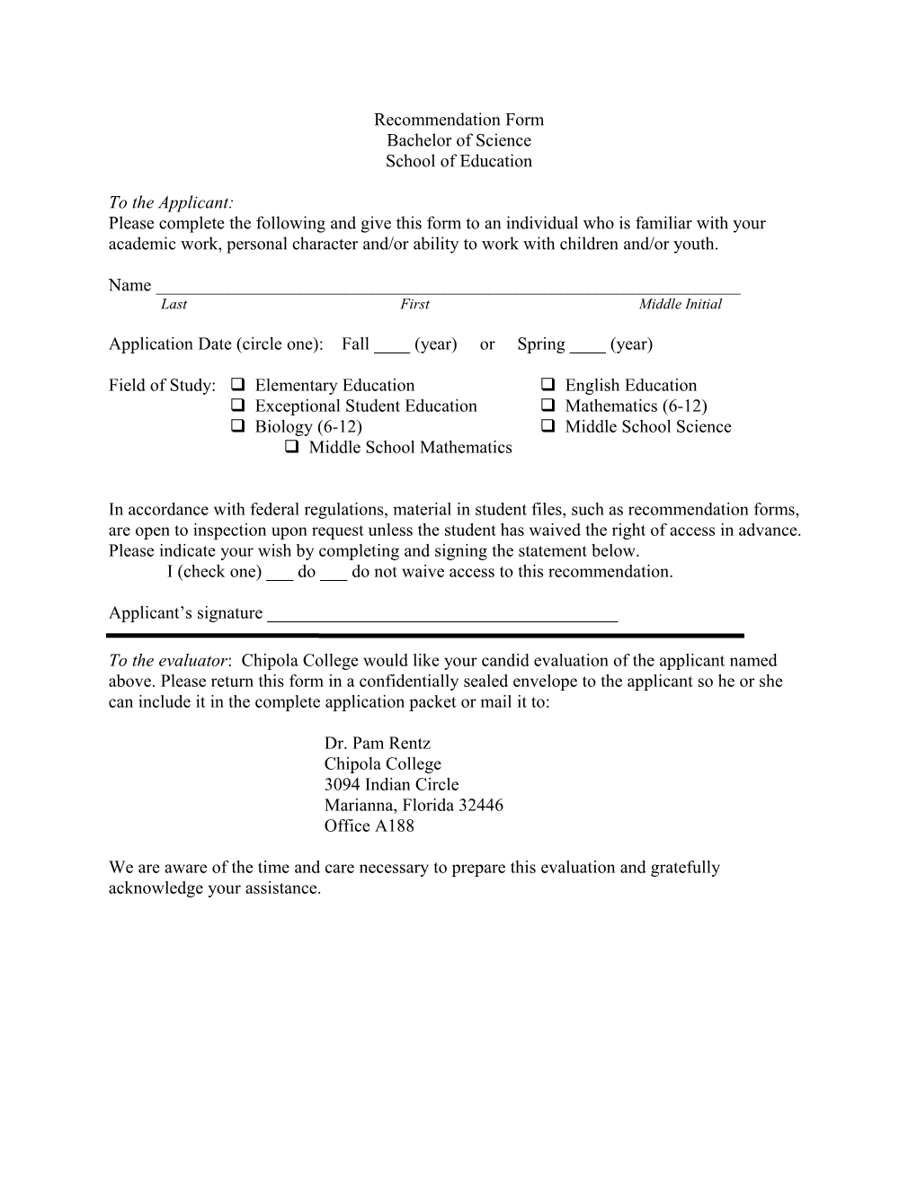 Recommendation Form for the Bachelor of Science