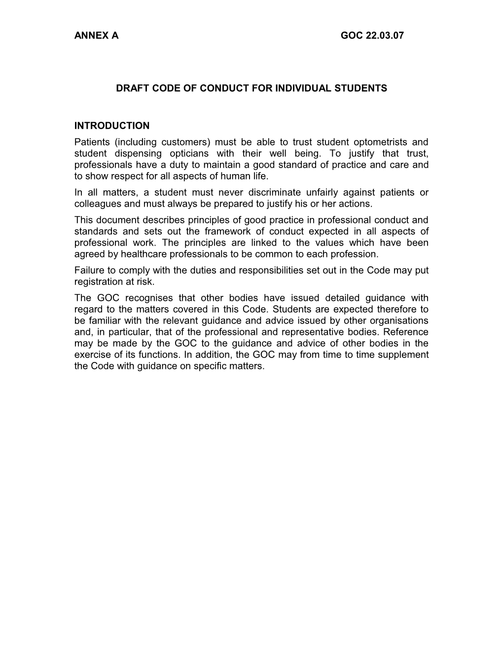 Draft Code of Conduct for Individual Students