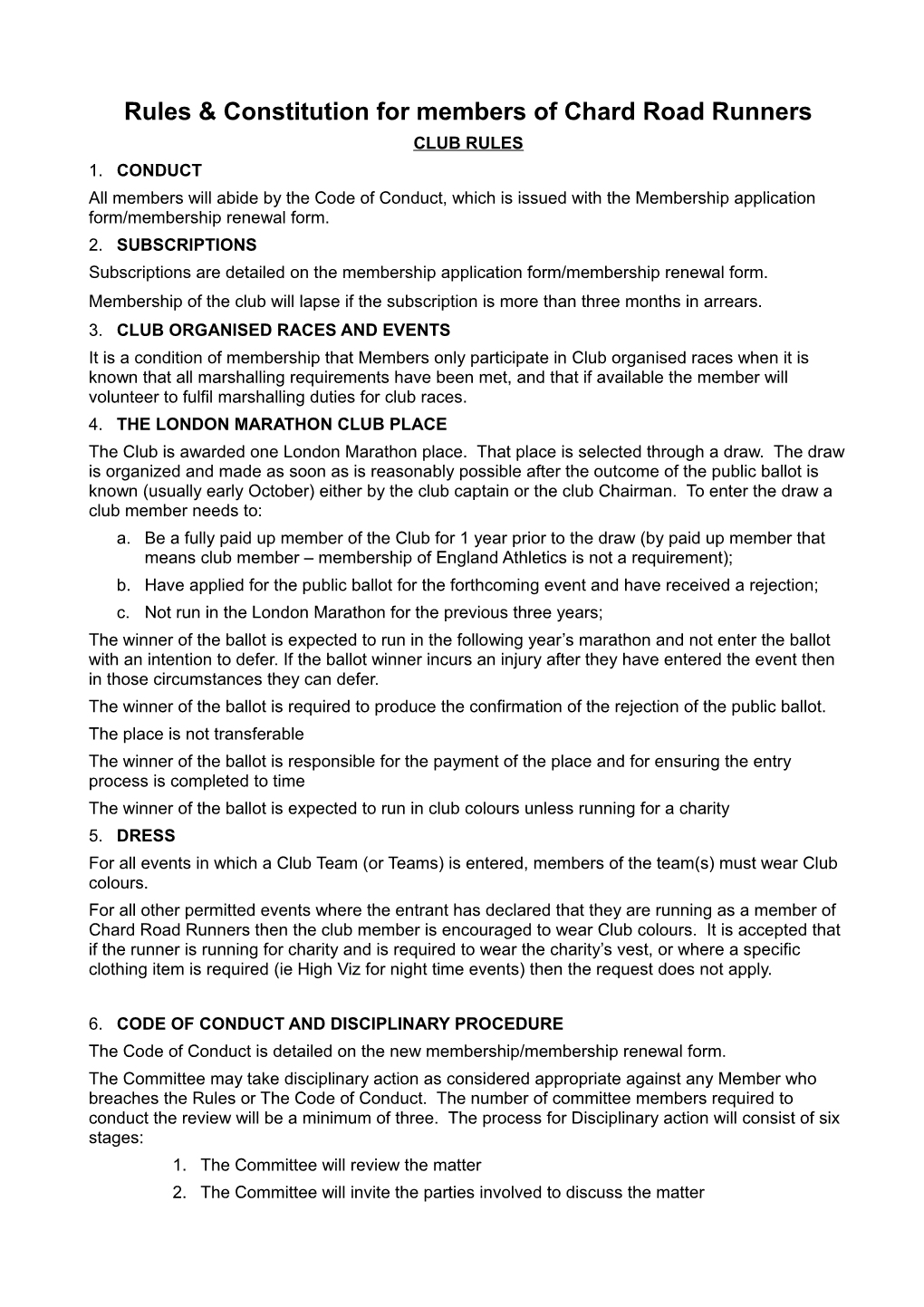 Rules & Constitution for Members of Chard Road Runners