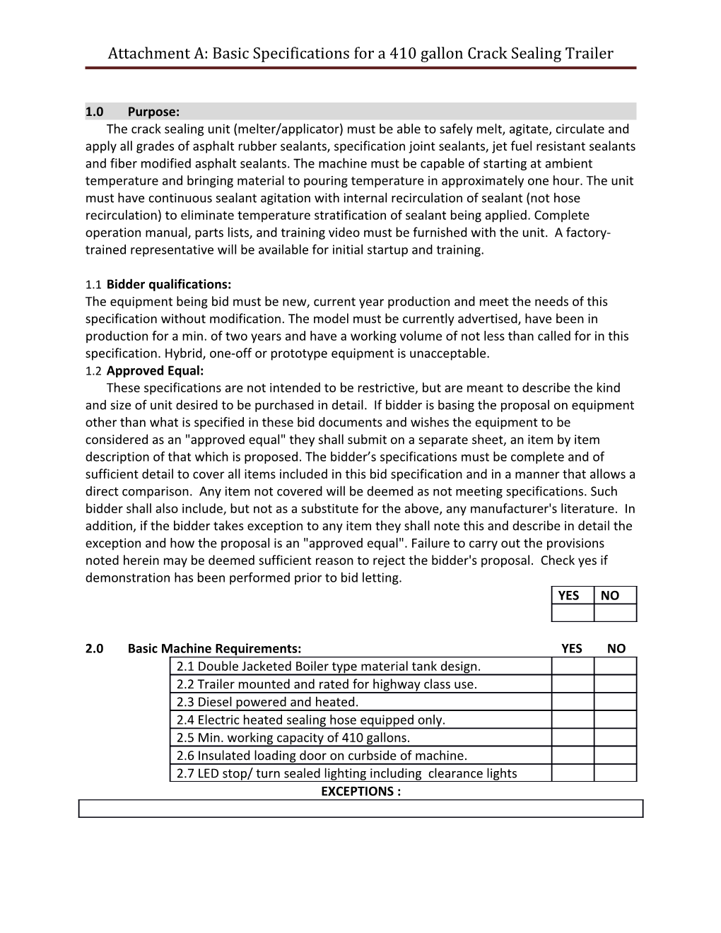 Attachment A: Basic Specifications for a 410 Gallon Crack Sealing Trailer