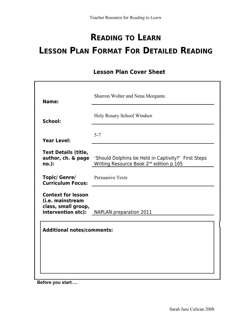 Reading to Learn Lesson Plan Format