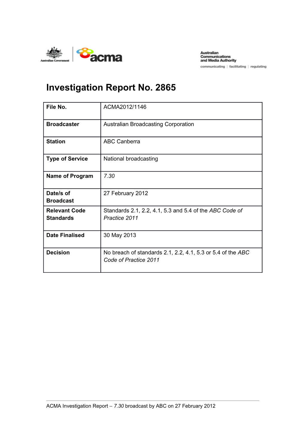 ABC Canberra - ACMA Investigation Report 2865
