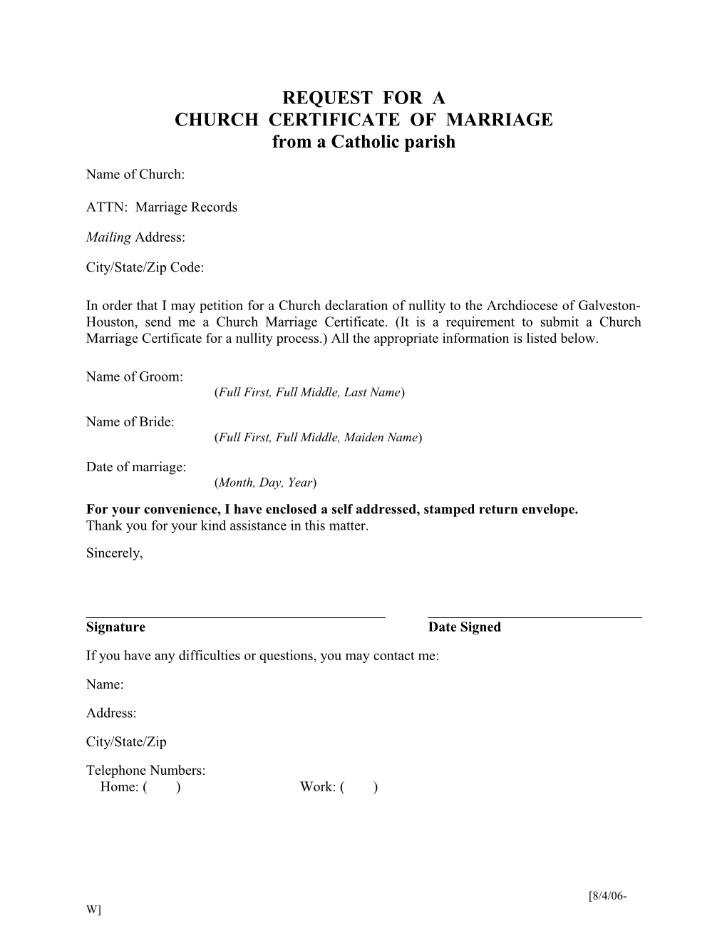 Request for a Baptismal Certificate