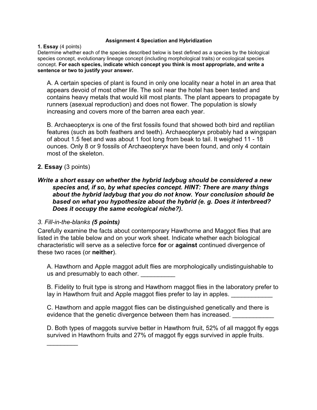 Assignment 4 Speciation and Hybridization