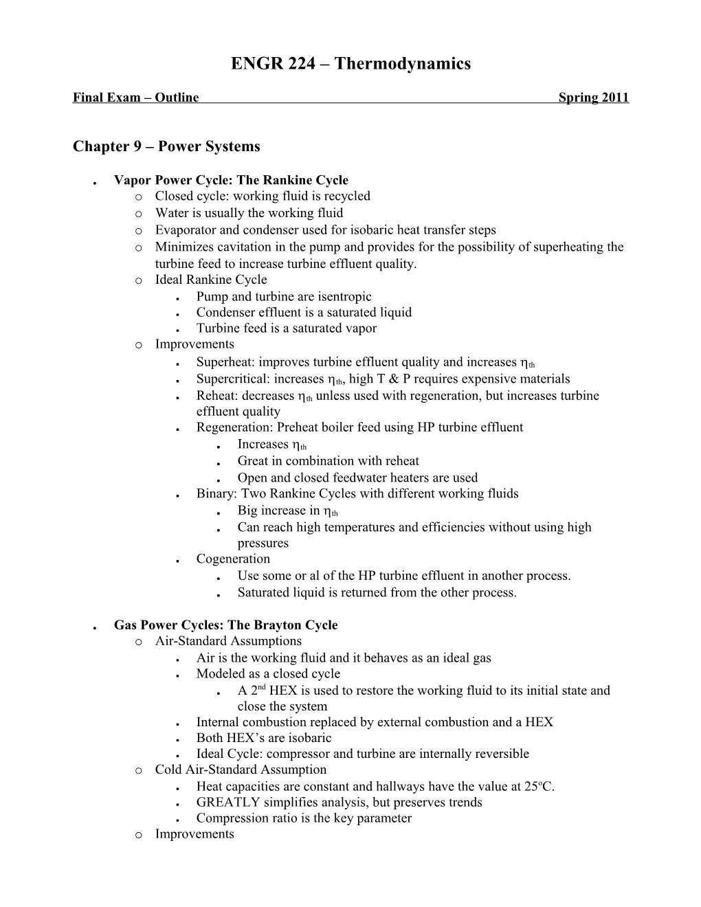 Final Exam Outline Spring 2011