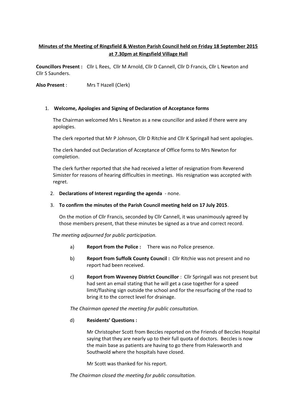 Minutes of the Meeting of Ringsfield & Weston Parish Council Held on Friday 18 September