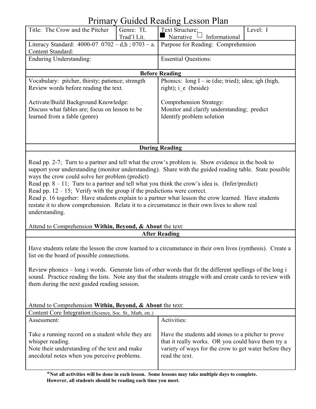 Primary Guided Reading Lesson Plan s2