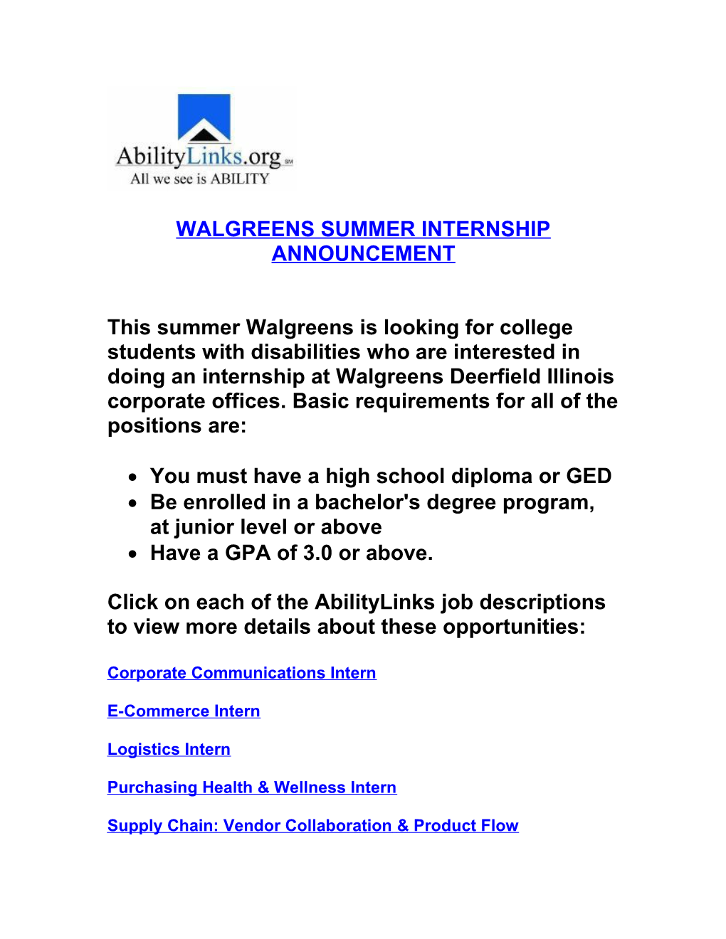 Walgreens Summer Internship Announcement
