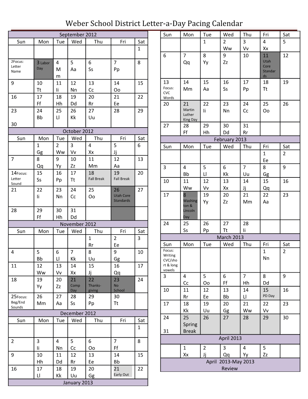 Weber School District Letter-A-Day Pacing Calendar