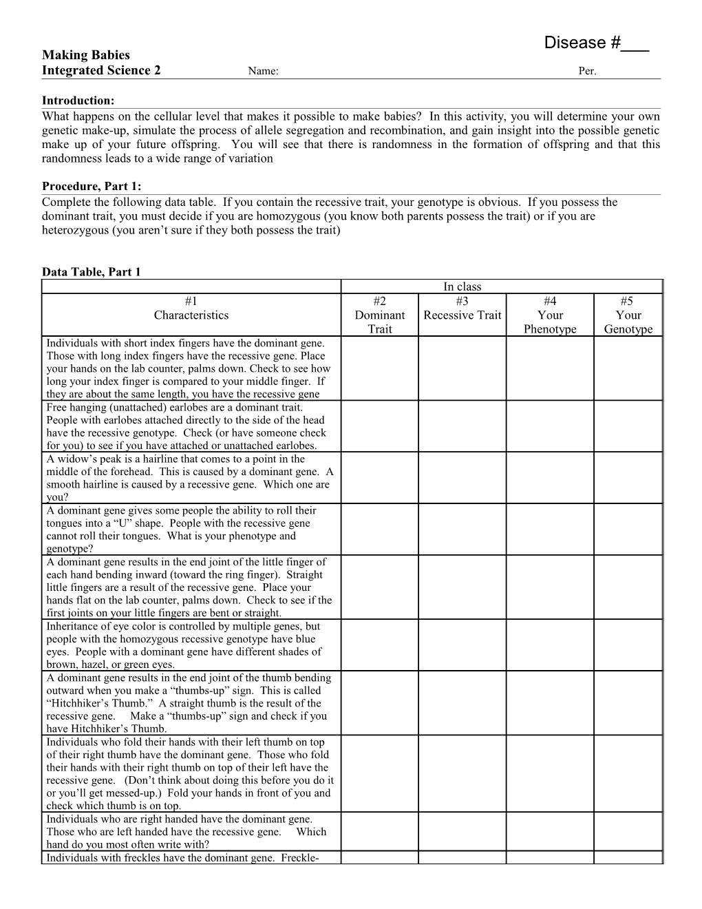 Genetic Traits- Lab Worksheet