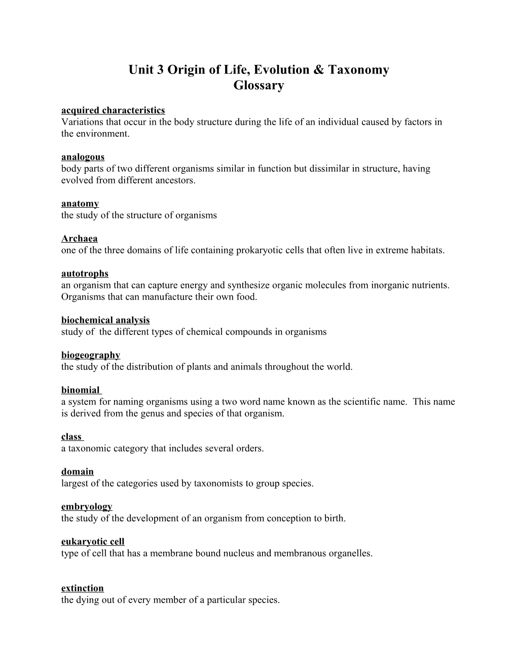 Unit 3 Origin of Life, Evolution & Taxonomy