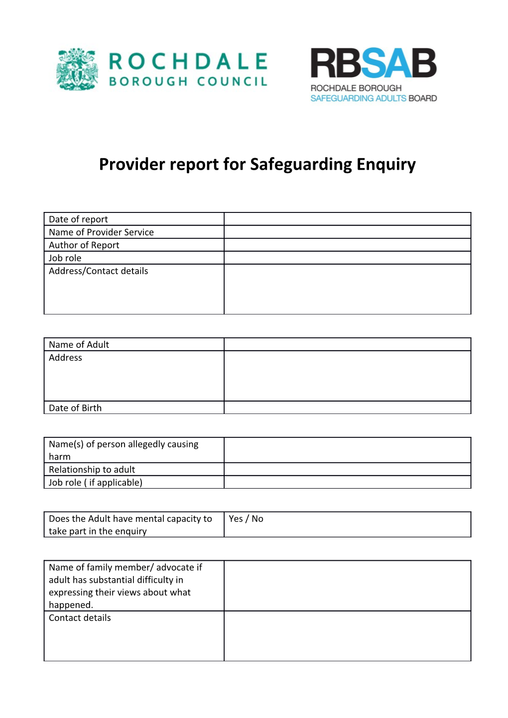 Provider Report for Safeguarding Enquiry