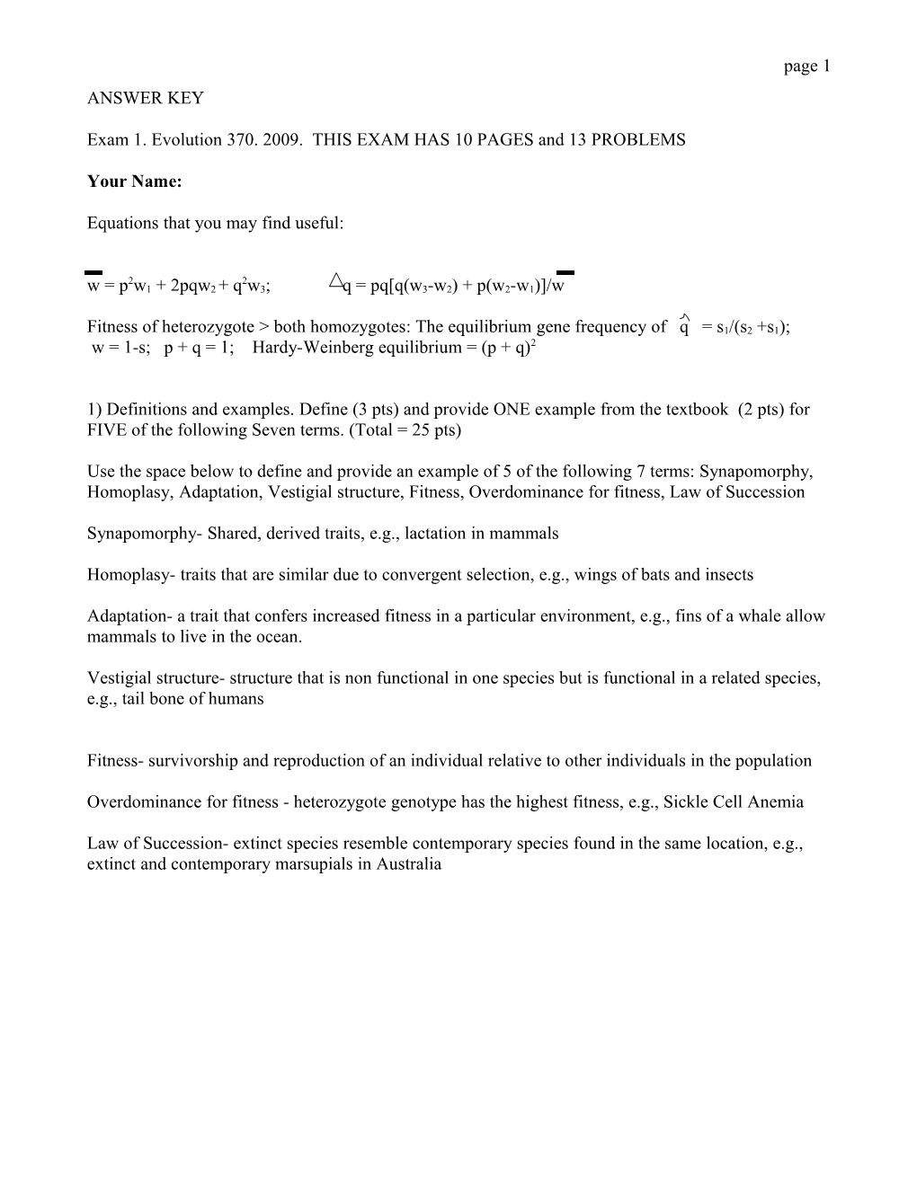 Exam 1. Evolution 370. 2009. THIS EXAM HAS 10 PAGES and 13 PROBLEMS