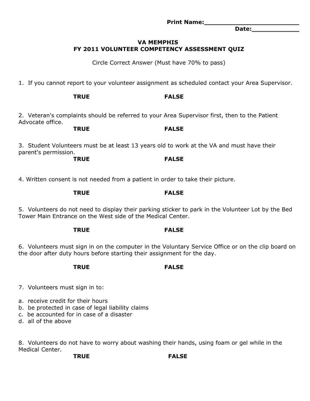FY 2011 Volunteer Competency Assessment Quiz