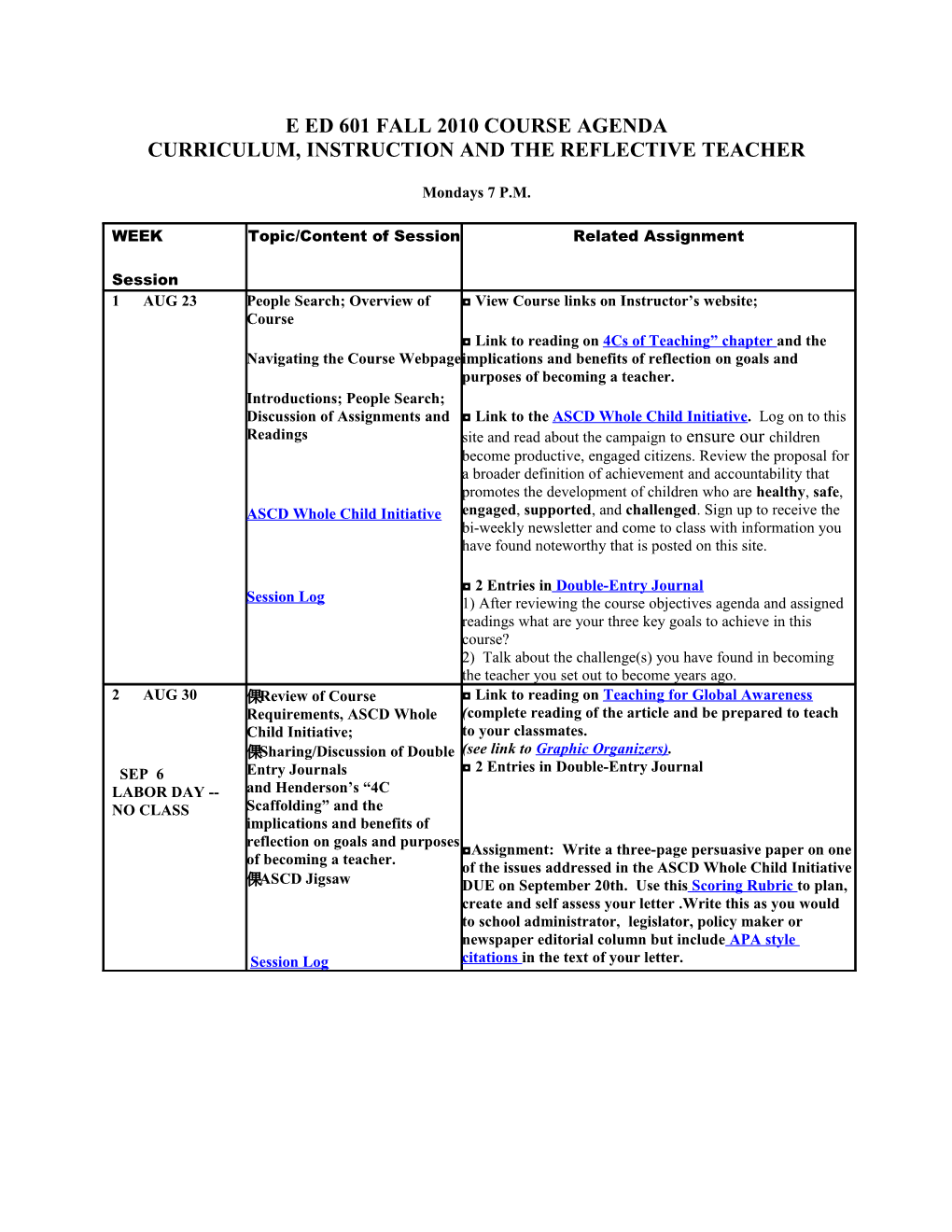 E Ed 601 Fall 2008 Course Agenda