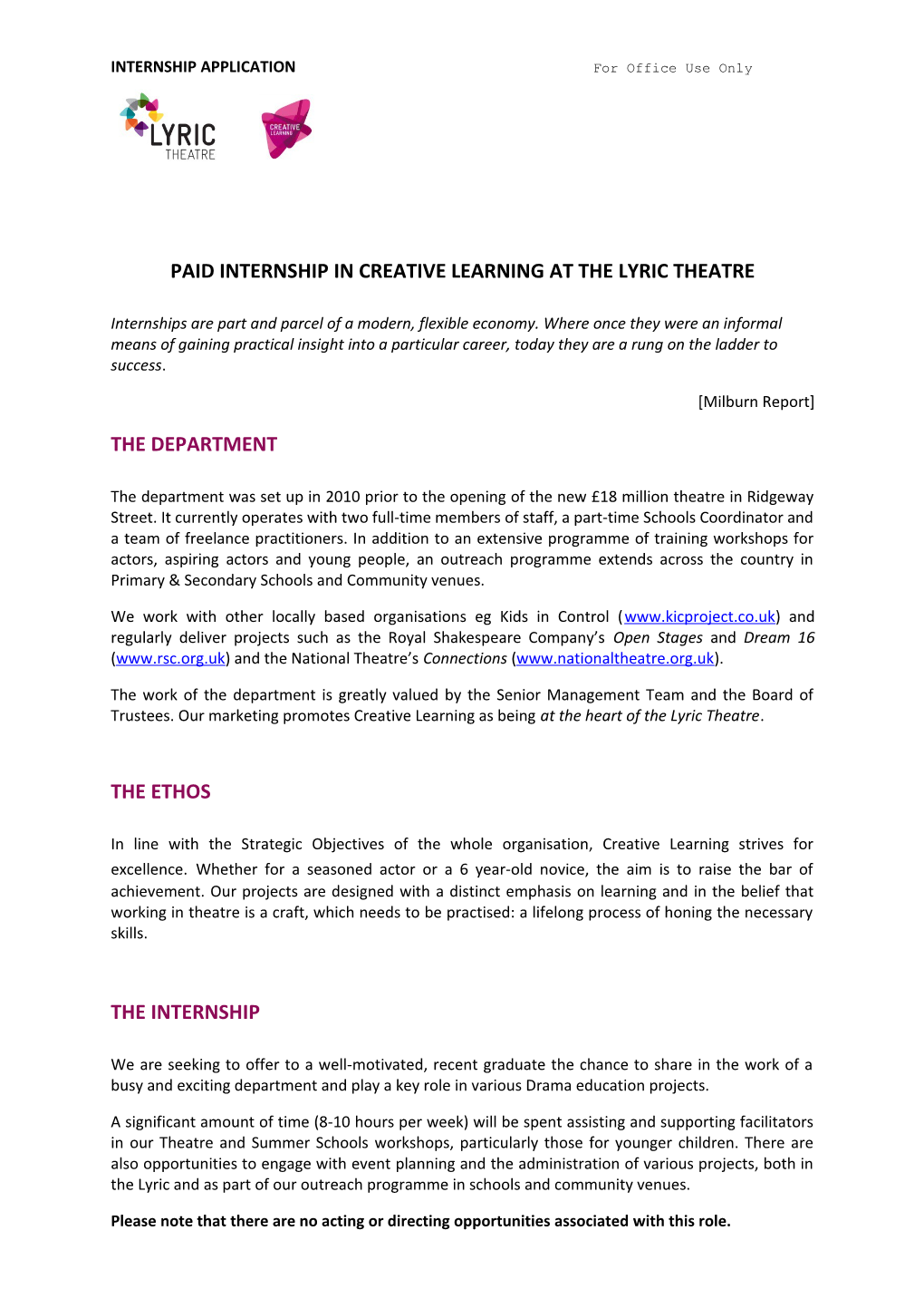 Paid Internship in Creative Learning at the Lyric Theatre