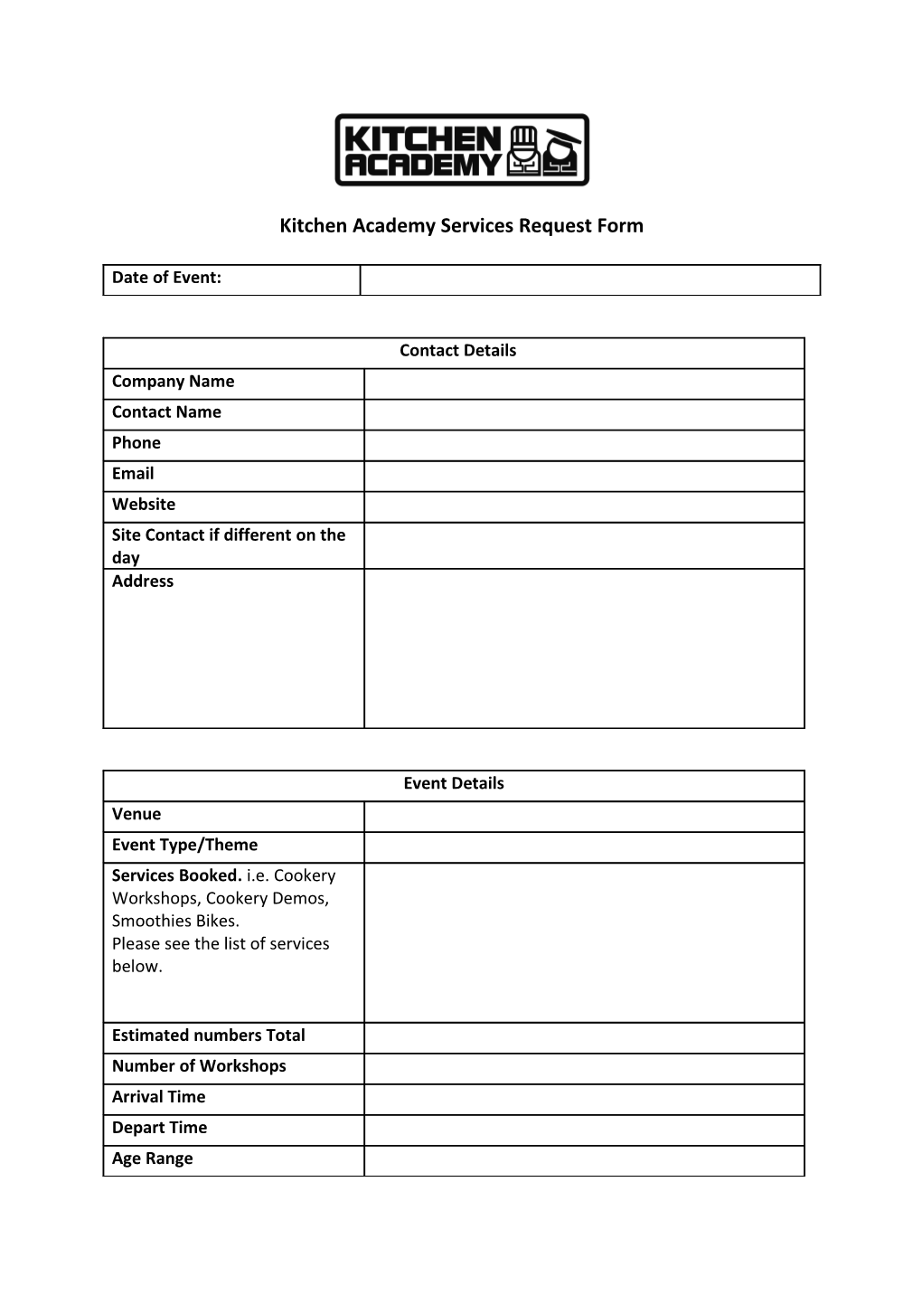 Kitchen Academy Services Request Form