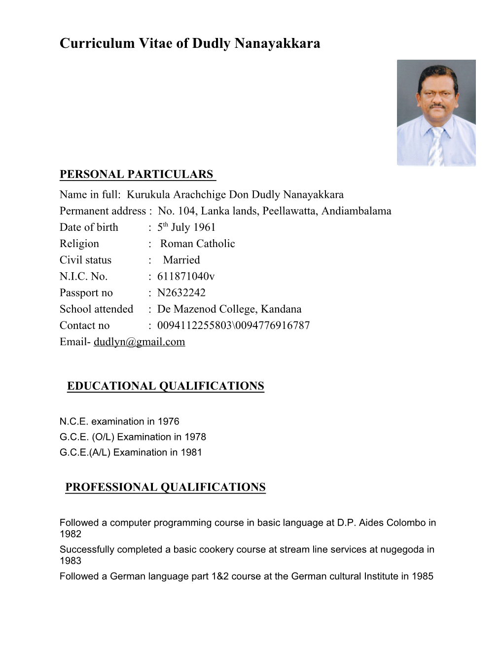 Curriculum Vitae of Dudly Nanayakkara