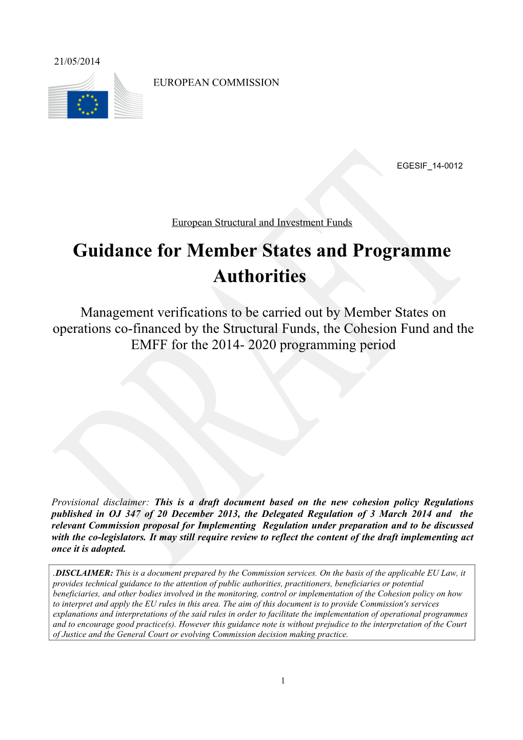 Guidance for Member States and Programme Authorities