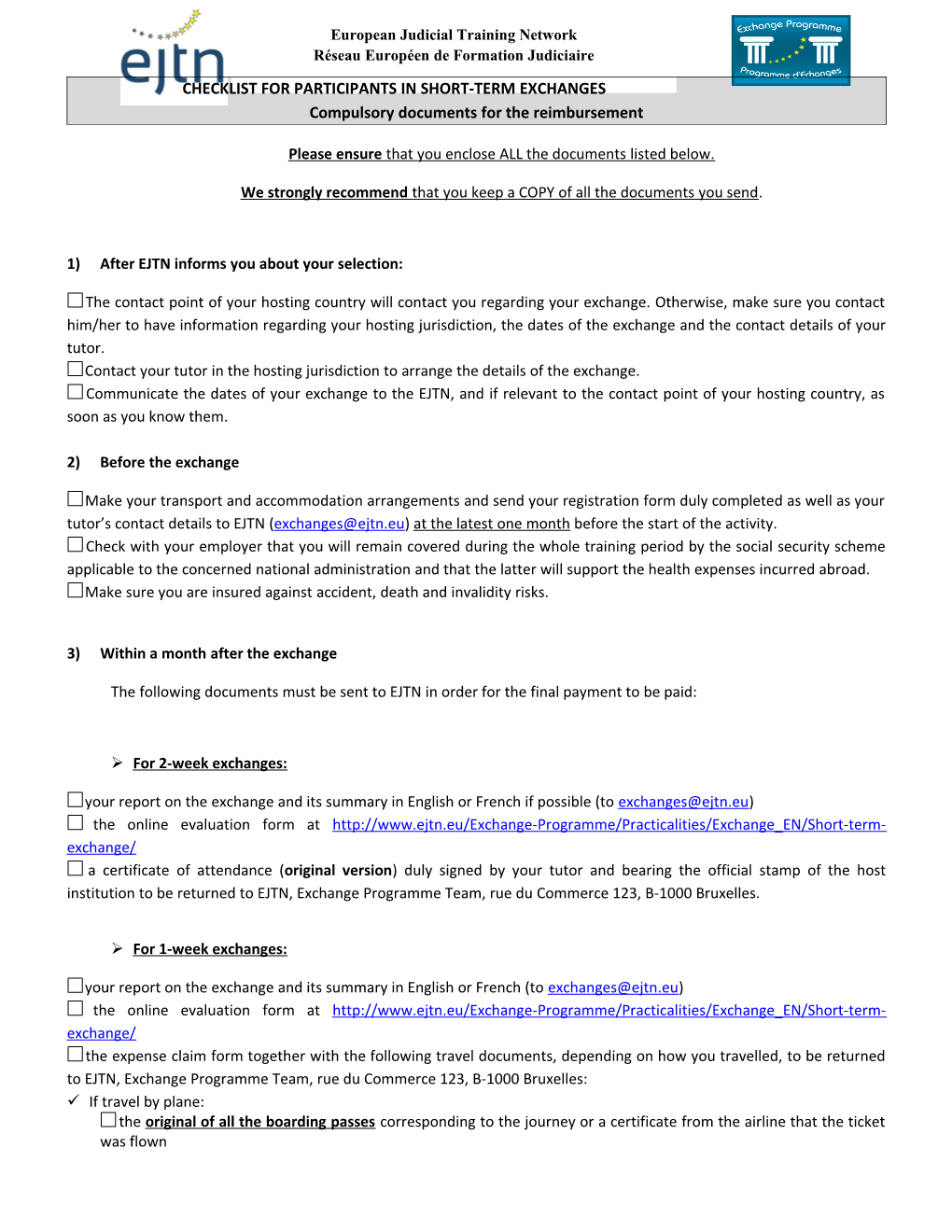 CHECKLIST for PARTICIPANTS in SHORT-TERM EXCHANGES Compulsory Documents for the Reimbursement