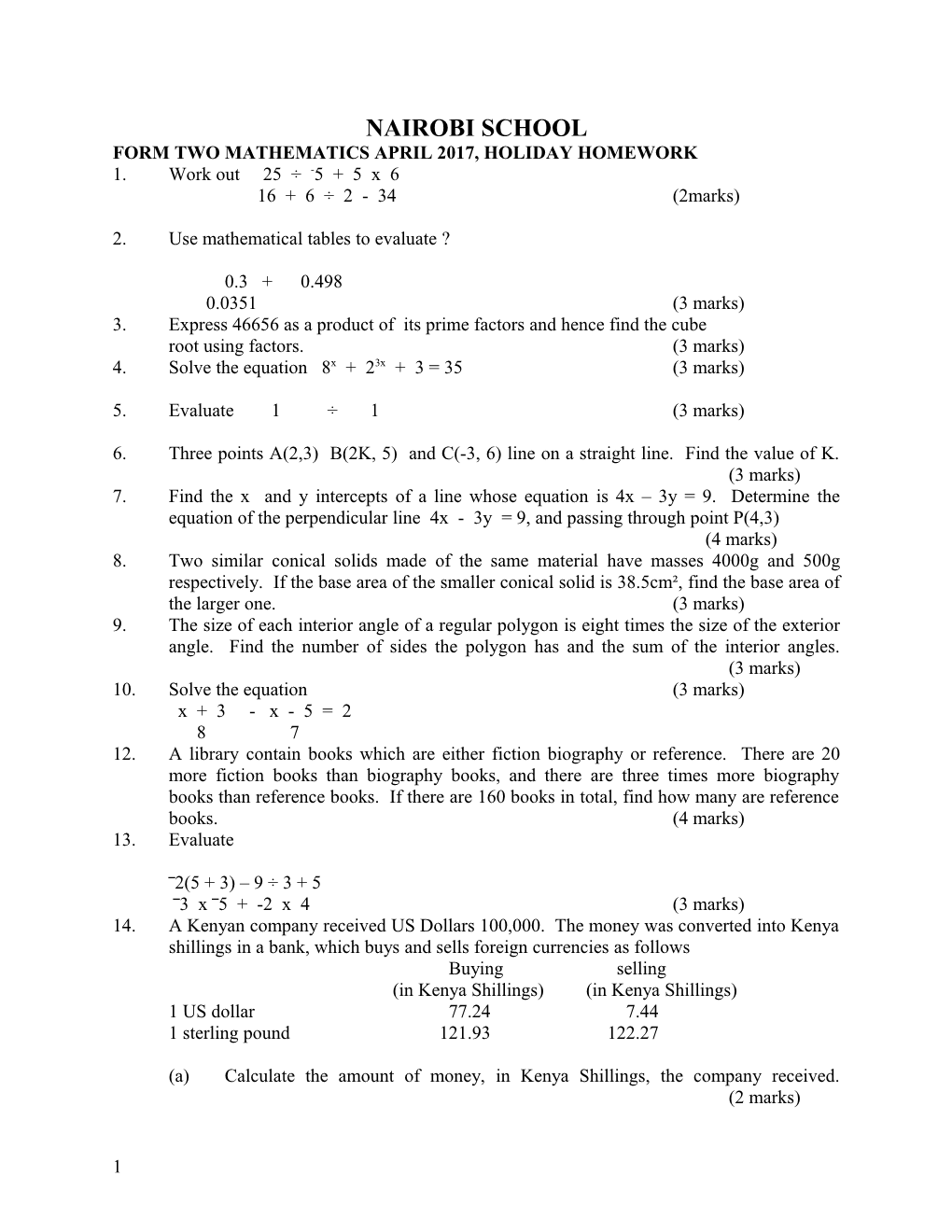 Form Two Mathematics April 2017, Holiday Homework